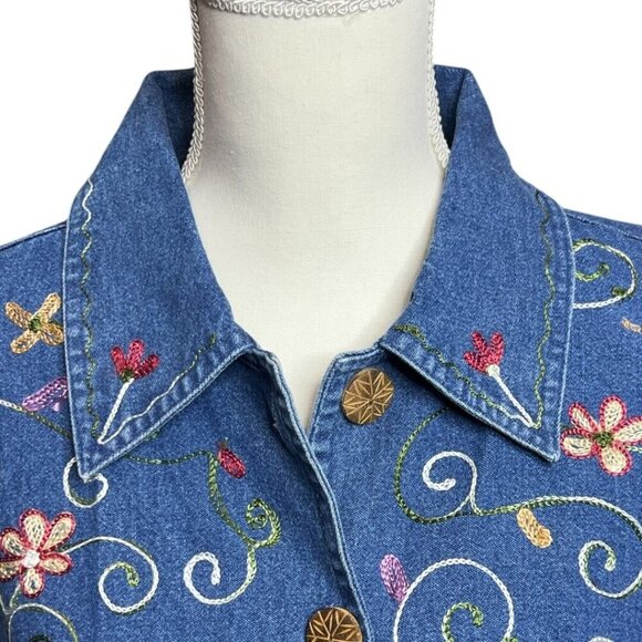 VTG UNITS Women's Lightweight Denim Jacket 1980's Embroidered Flowers Vines XL - Picture 5 of 7